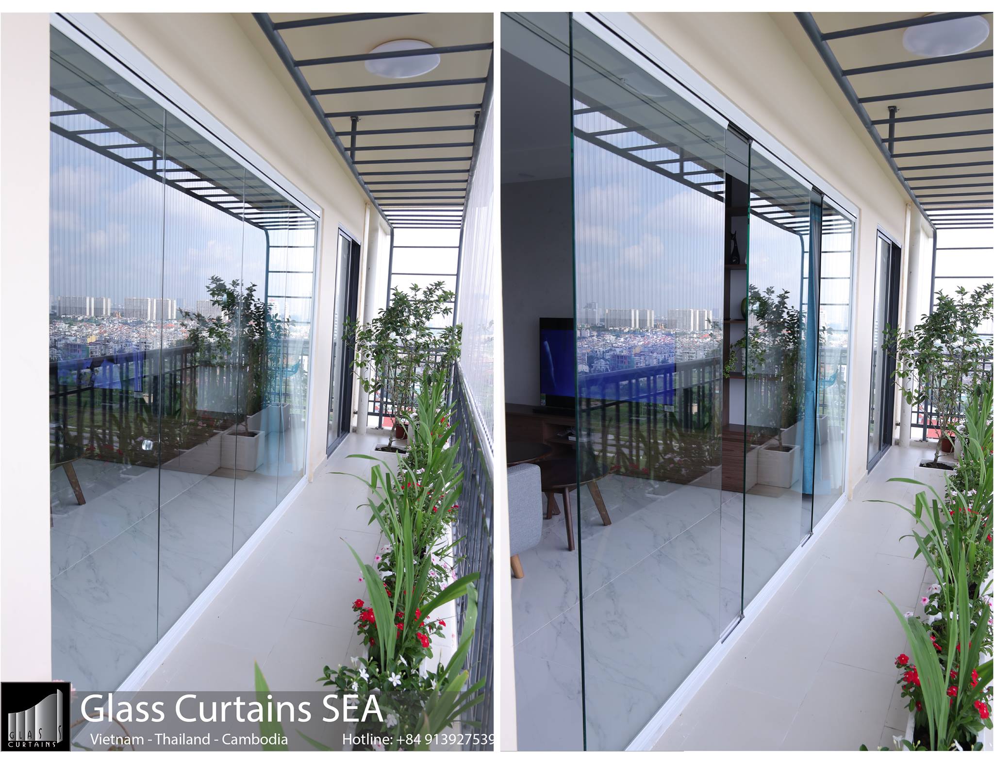 Thi công cửa kính cường lực lùa 4 cánh tại Glass Curtains SEA 1