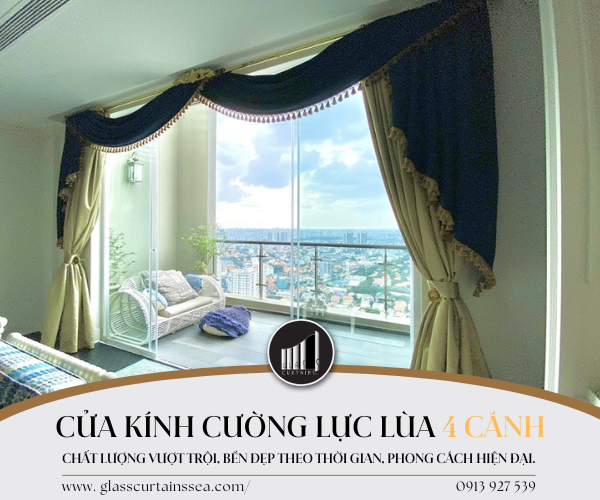 Mẫu cửa kính cường lực lùa 4 cánh cao cấp, chất lượng cao